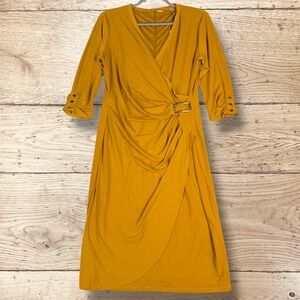 TAHARI Ruched Wrap with Buckle Dress NWT Women's‎ Size 12 Fall Mustard